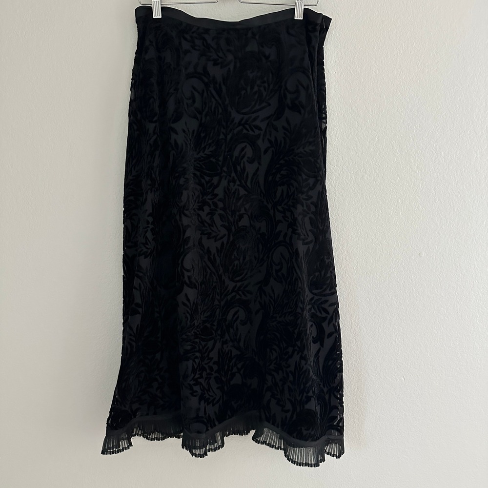 Spanner Midi Skirt Womens 12 Black Velvet Burnout Damask Pleated Trim Whimsigoth